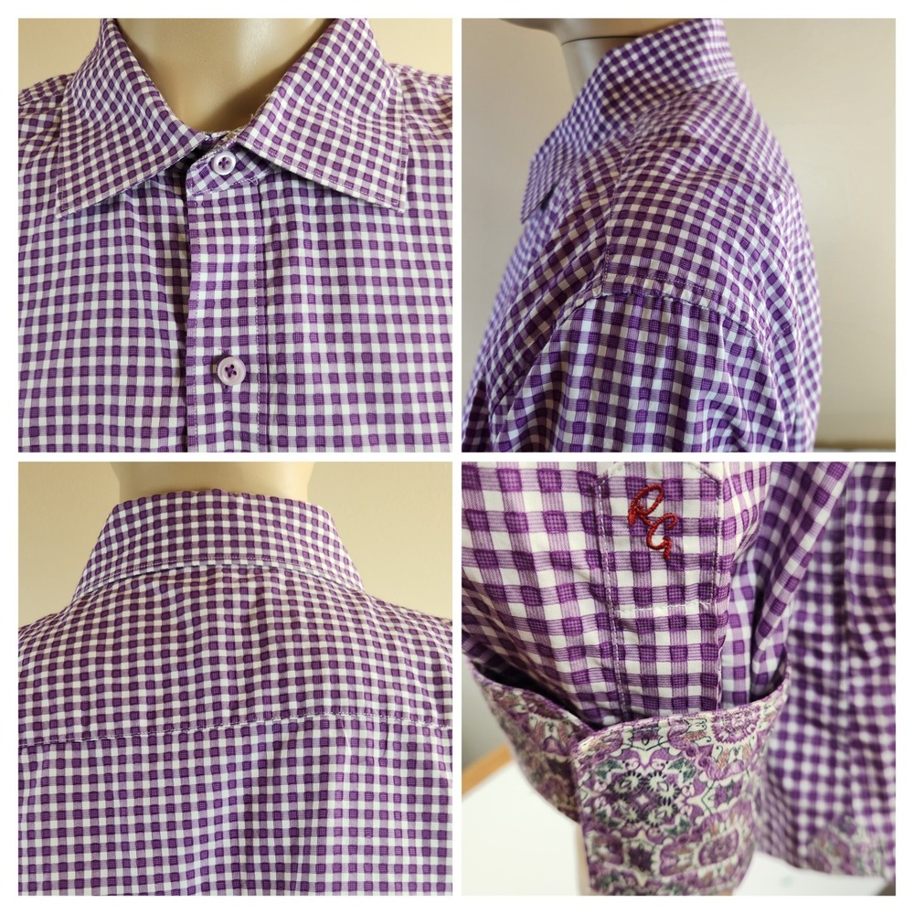 Robert Graham Exclusive Classic Fit Purple Gingham Button Up Shirt 3XL Flip Cuff - Picture 6 of 7